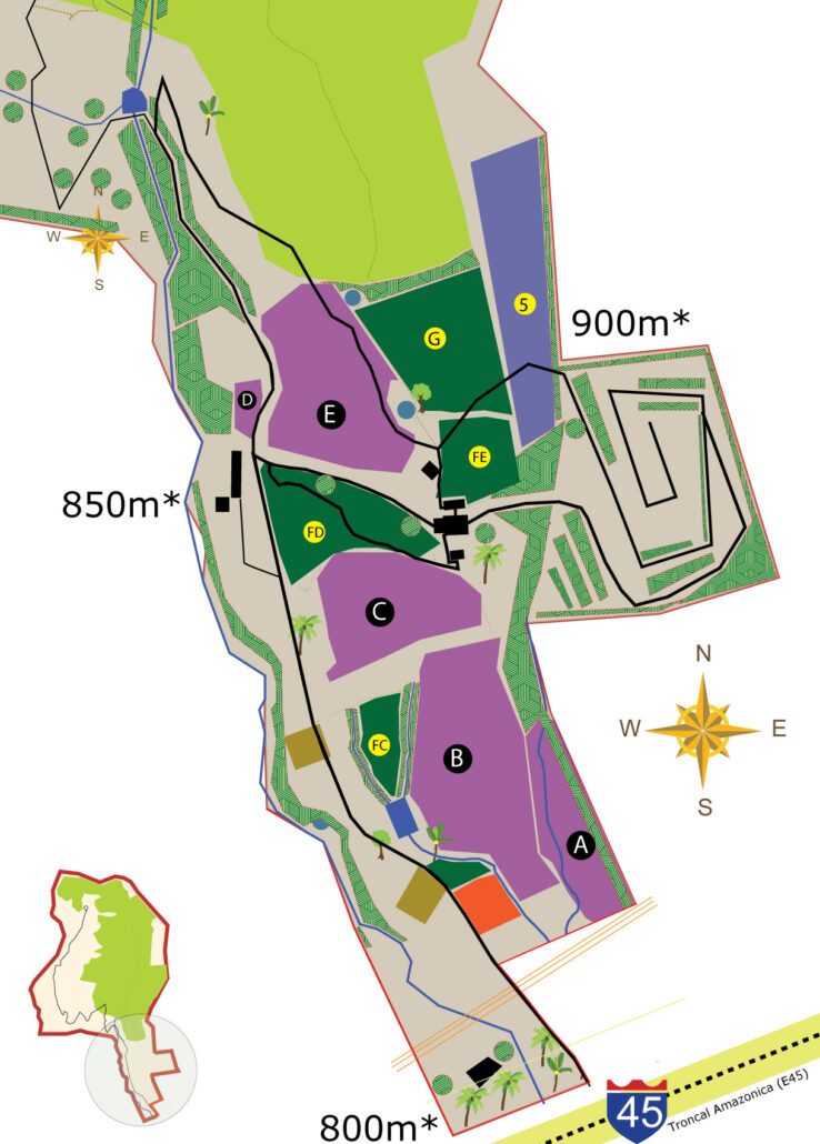 Tropical Permaculture Productive Zones of Use. Image includes: Tropical Farm Zones
Productive Fruit Zones
Bamboo Zones
Public And Private Access Roads
Access Trails within the Zones
Farm boundaries
Food forest
Bamboo agroforestry