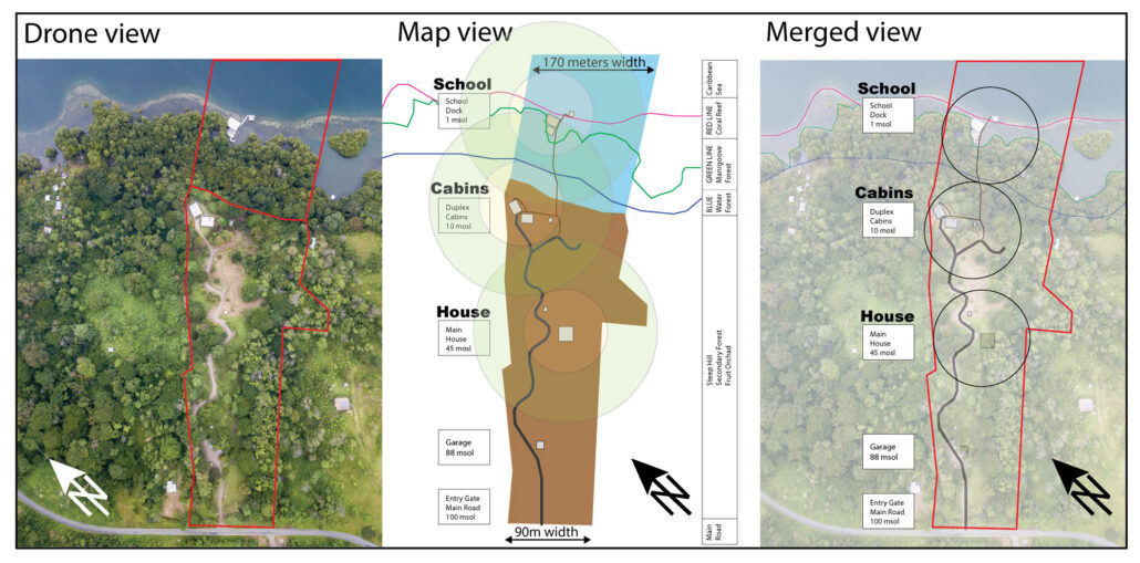 Inicial Site Analysis For Tropical Permaculture Map. Image: 3D Aerial Photo, Site Illustration, Merged view